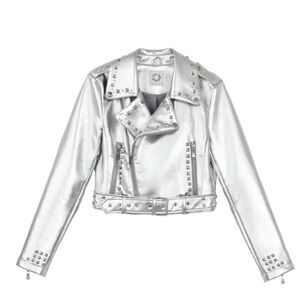 Lili Sidonio Silver Metallic Cropped Bomber Jacket